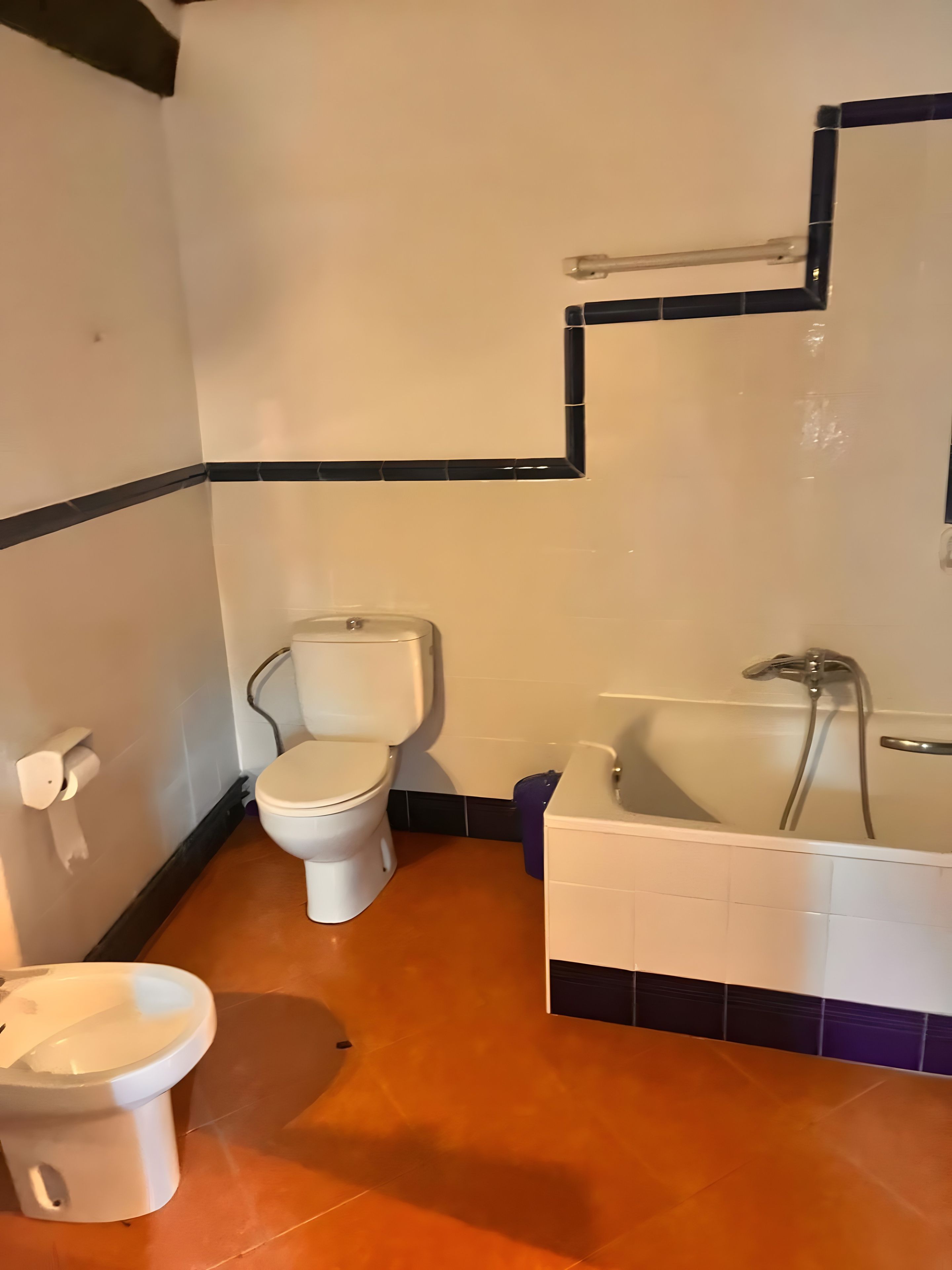 A bathroom with a toilet, a bidet, and a bathtub.