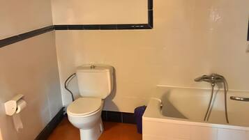 A bathroom with a toilet, a bidet, and a bathtub.