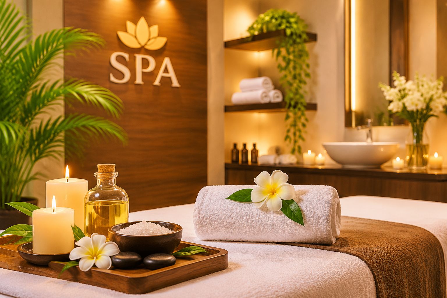A spa room with a wooden wall, a sign reading 'SPA', a towel with a flower, candles, and a tray with a bottle, flowers, and stones.
