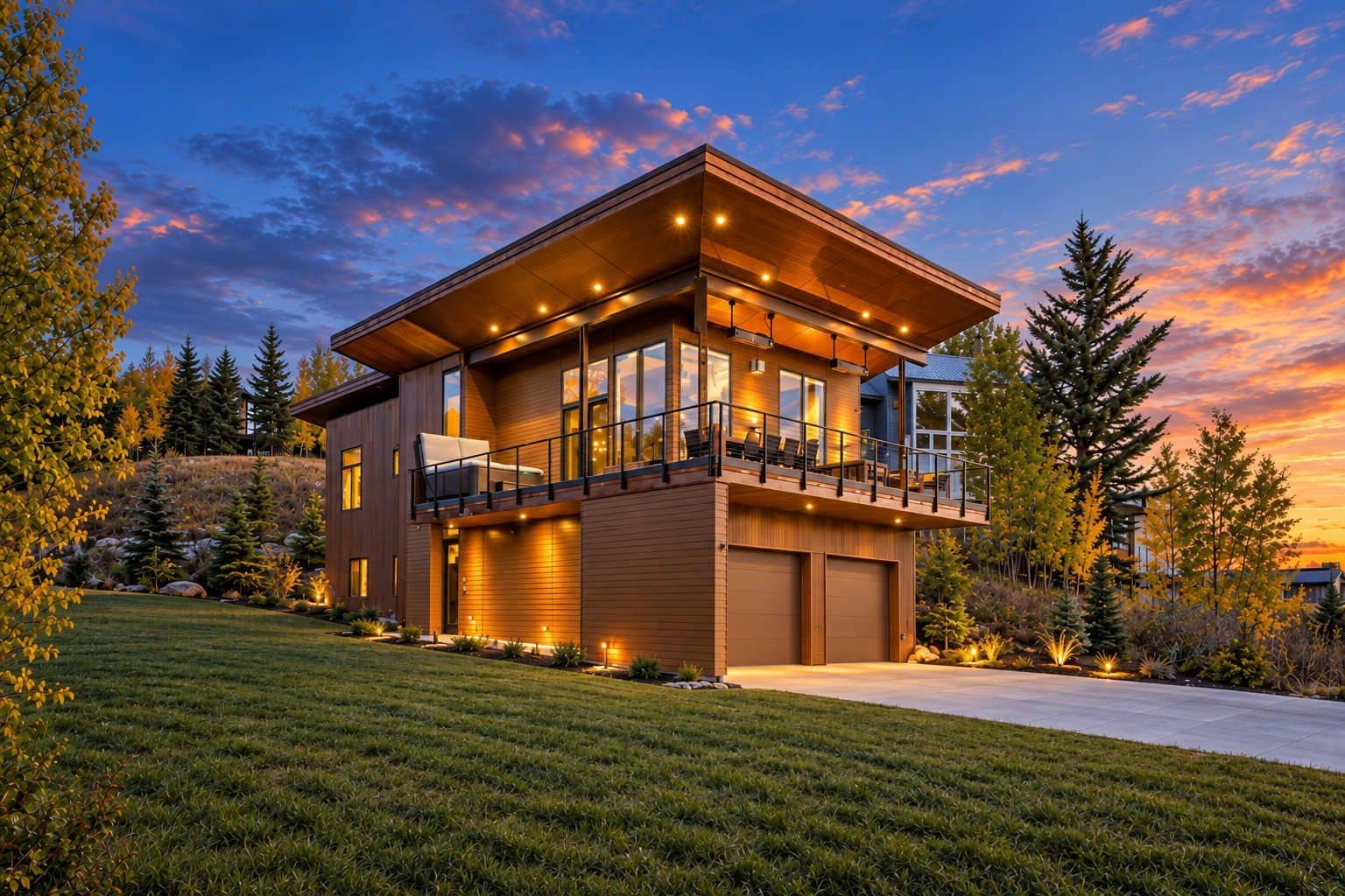 A modern two-story house with a balcony, large windows, and a garage.