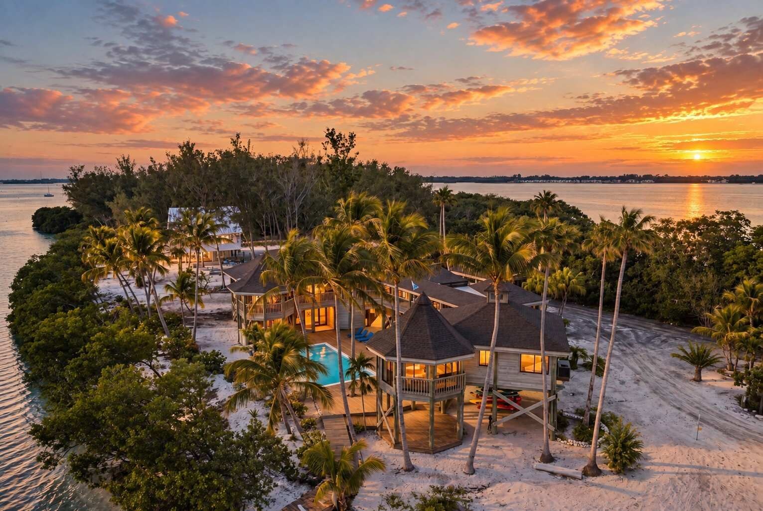 A beachfront property with a swimming pool, multiple buildings, and palm trees.