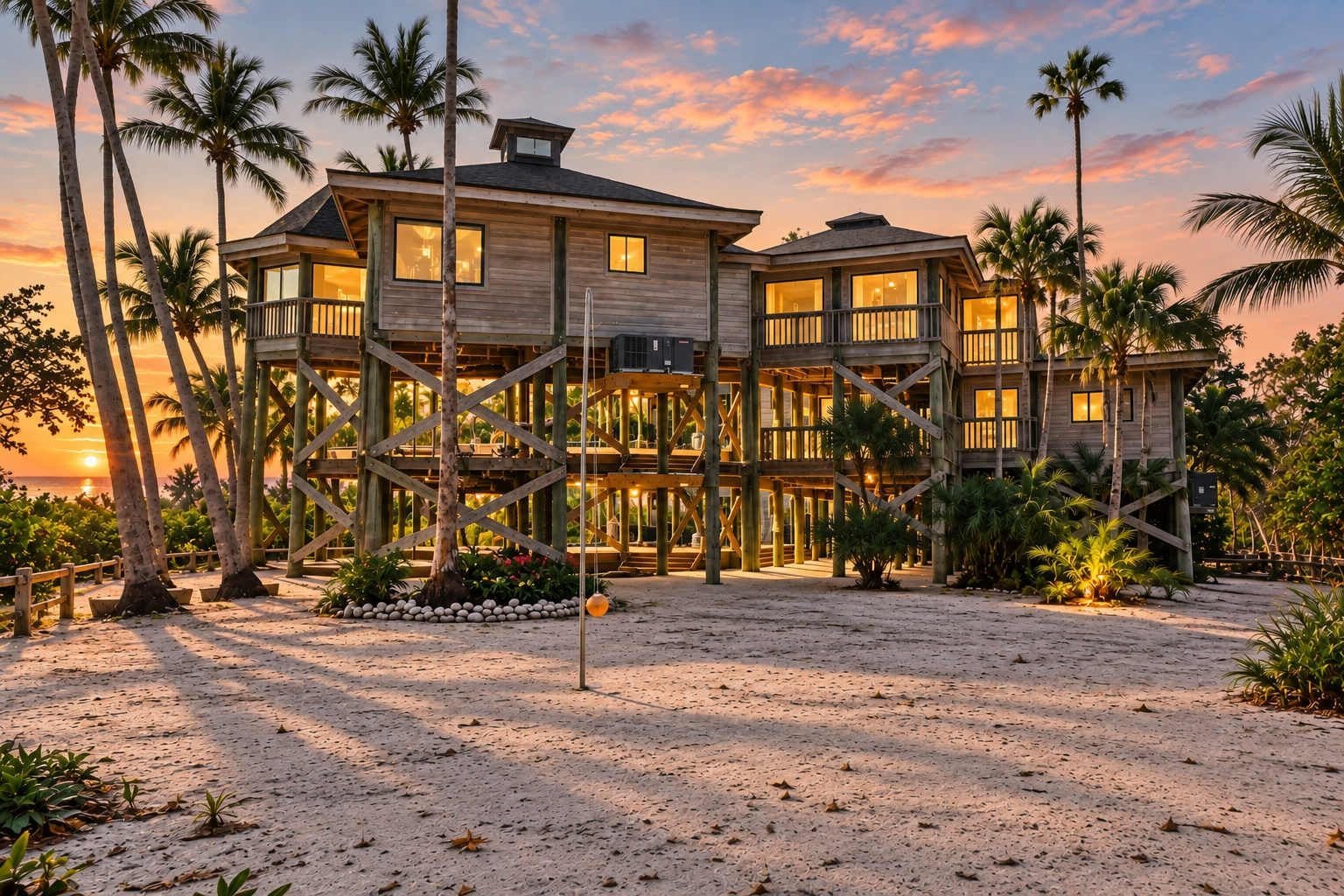 A two-story beachfront property with a wooden exterior, multiple balconies, and a sandy beach area.