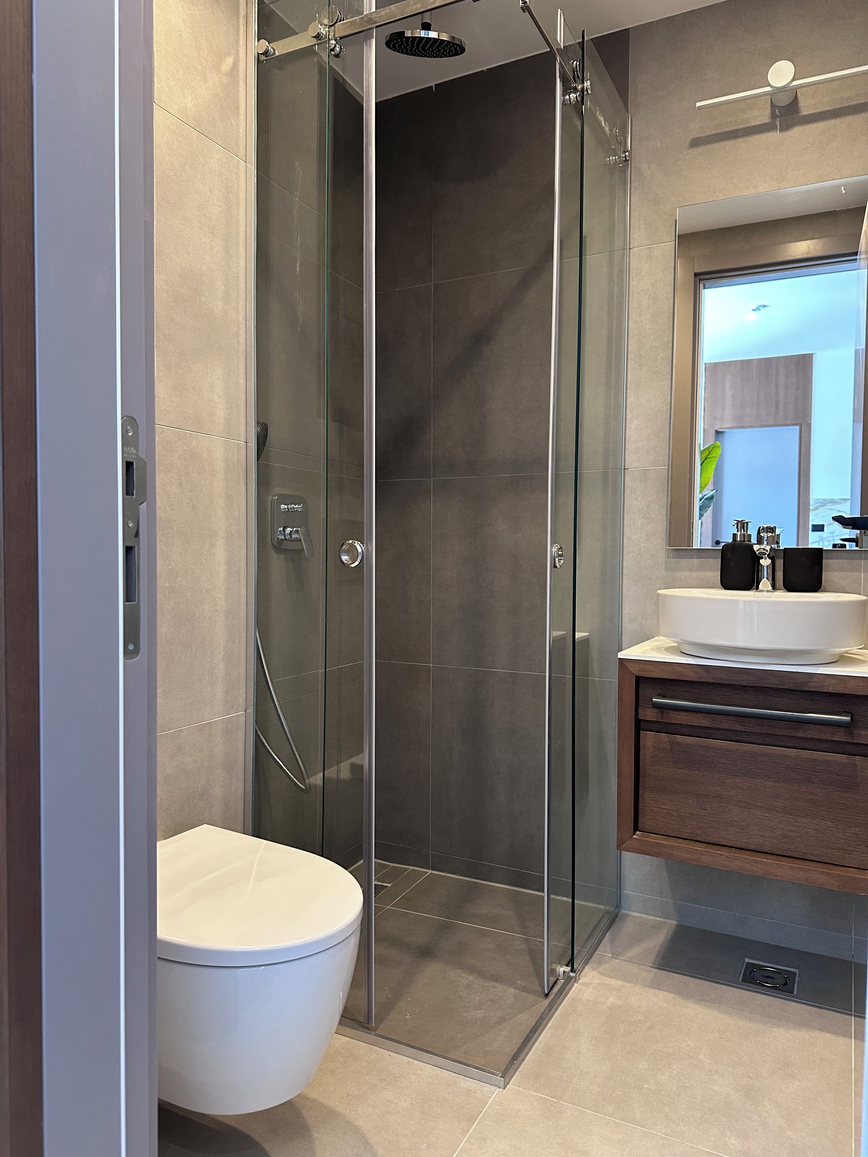 A modern bathroom with a glass-enclosed shower, a white toilet, and a vanity with a mirror above it.
