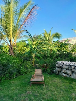 A wooden bench in a lush garden with palm trees and a stone wall. - Dhow Flat at Paje Beach | Step from your Garden into the Pool (Paje)