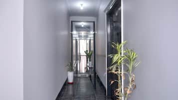 Un pasillo con una puerta de cristal que da a una habitación, una planta en maceta a la izquierda y otra a la derecha.