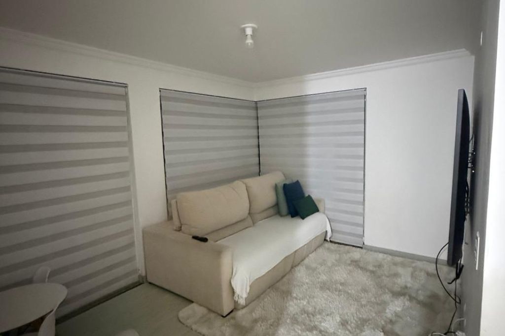 A room with a sofa, a television, and a ceiling light.