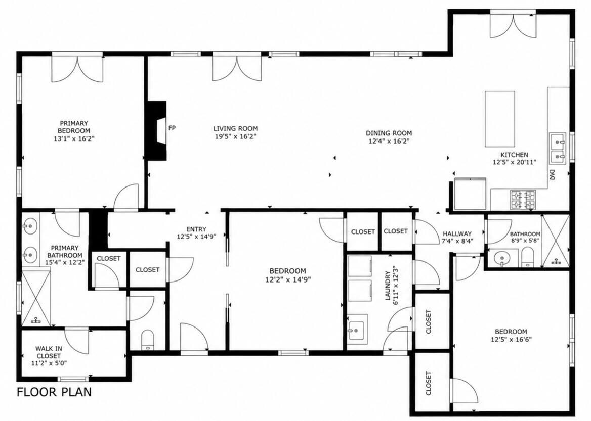 Un plan d’étage comprenant une chambre principale, un salon, une salle à manger, une cuisine, deux salles de bain, deux placards, un espace buanderie et un dressing.