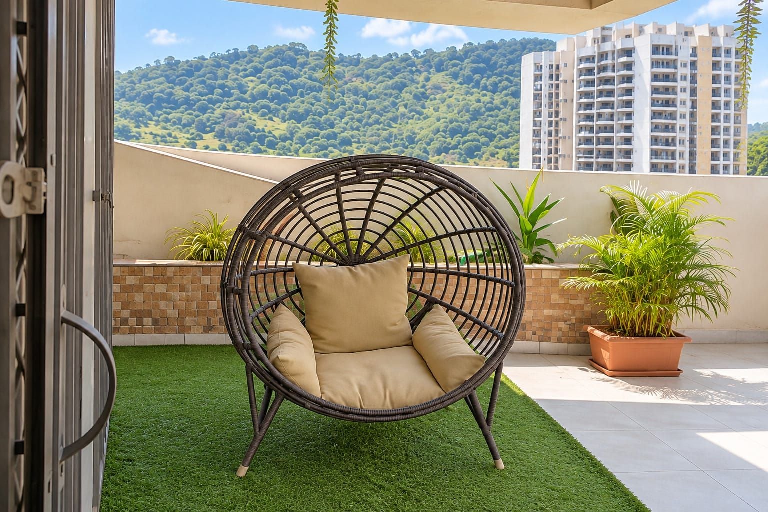 Una silla redonda de mimbre con cojines en un balcón con césped artificial, plantas en macetas y vistas a una colina y edificios.