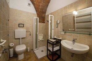 A bathroom with a toilet, a shower, a sink, and a mirror. - New Listing (Volterra)