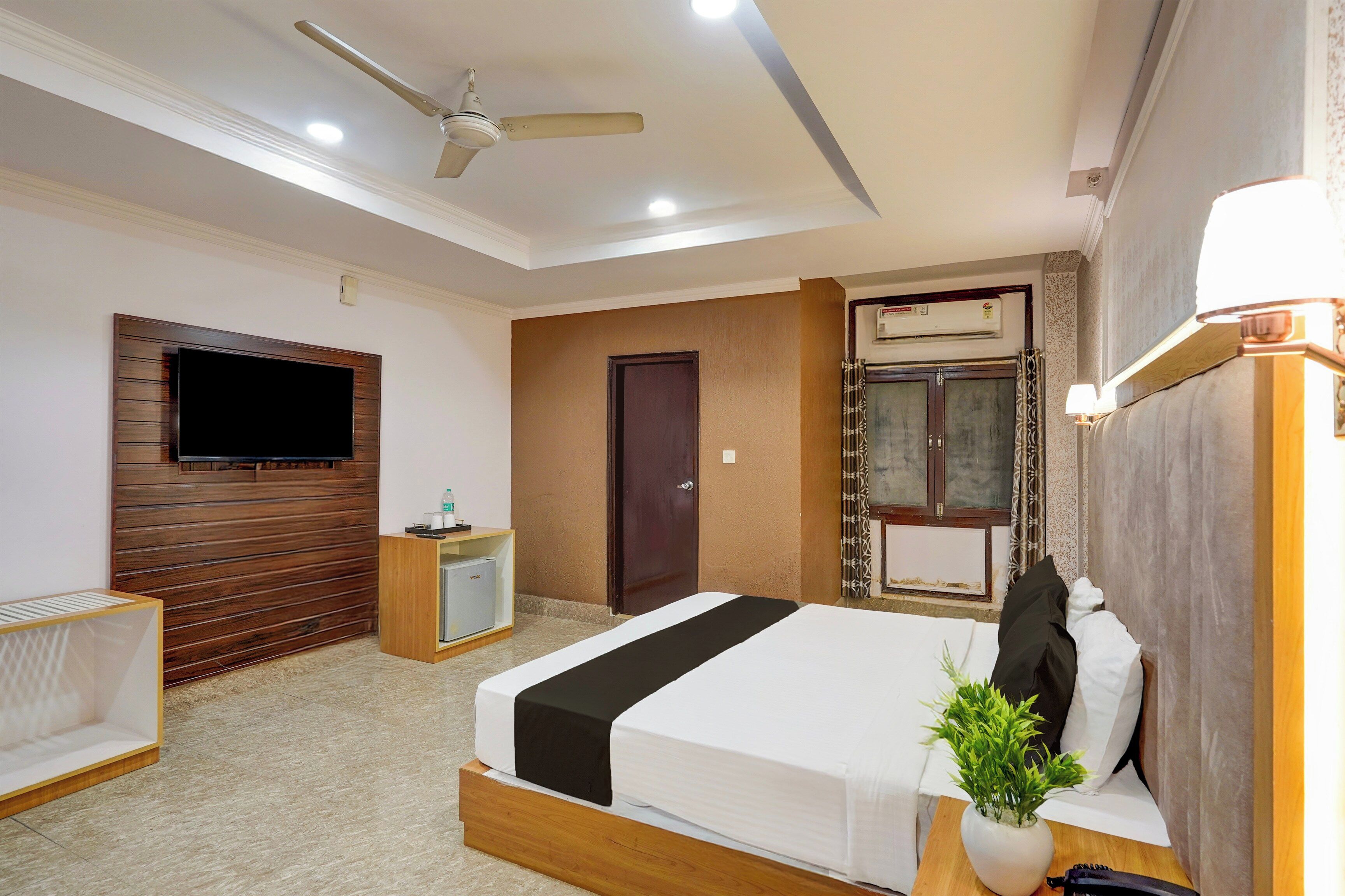 A hotel room with a bed, a TV mounted on the wall, a ceiling fan, a small bedside table, and a potted plant.