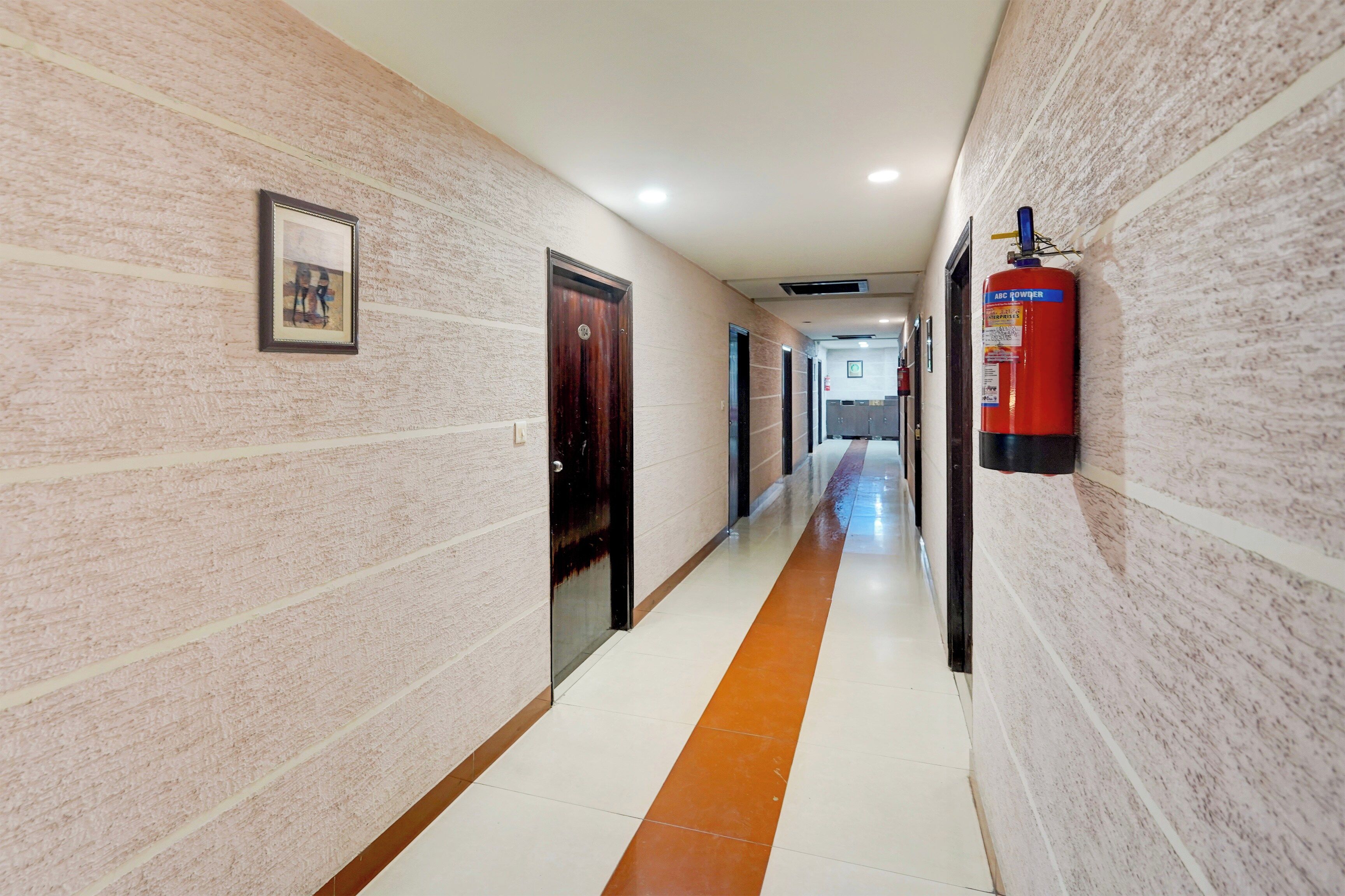 A hallway with a fire extinguisher mounted on the wall, doors, and a framed picture on the wall.