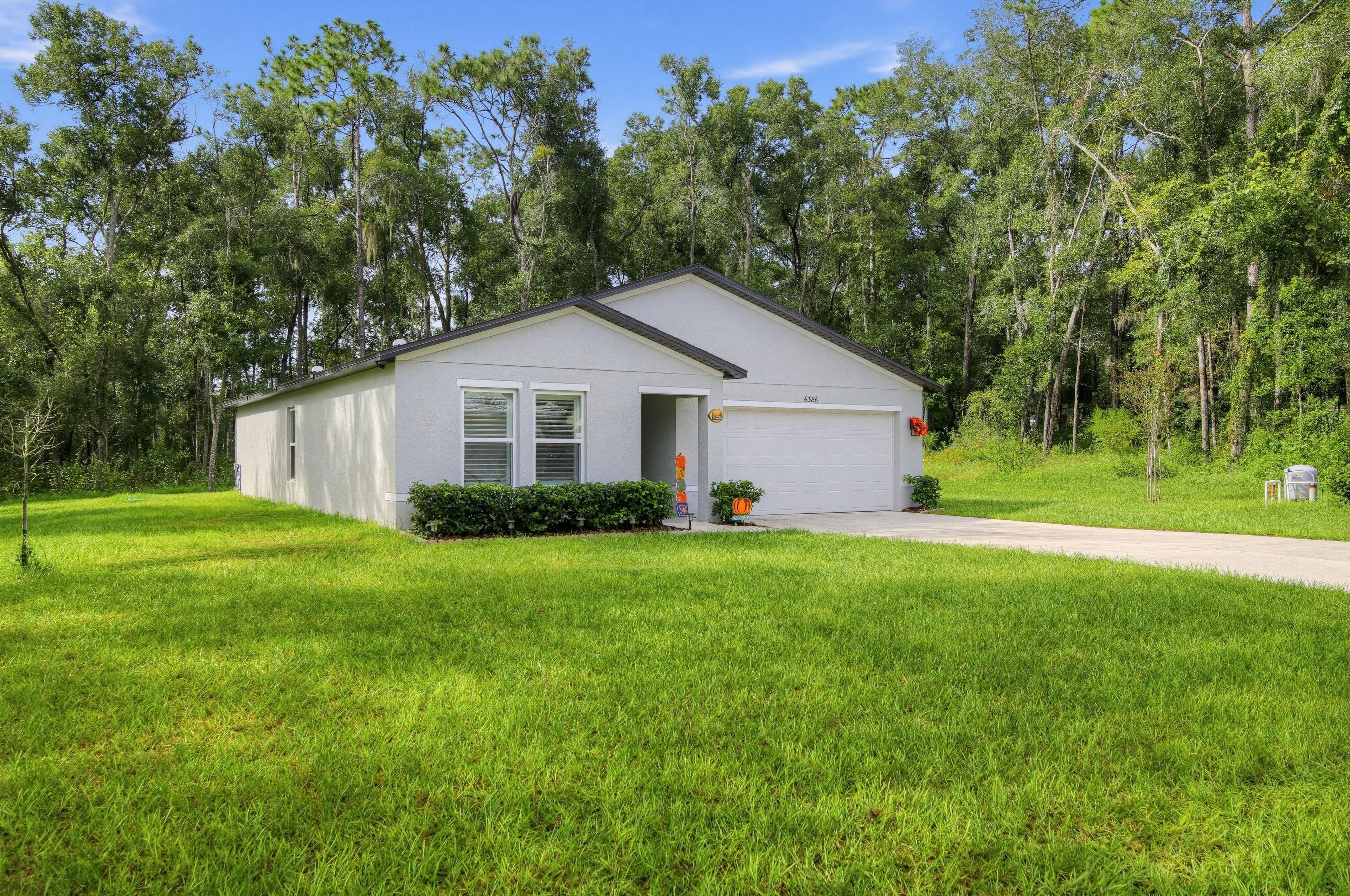 A single-story house with a garage, surrounded by a well-maintained lawn and dense trees.
