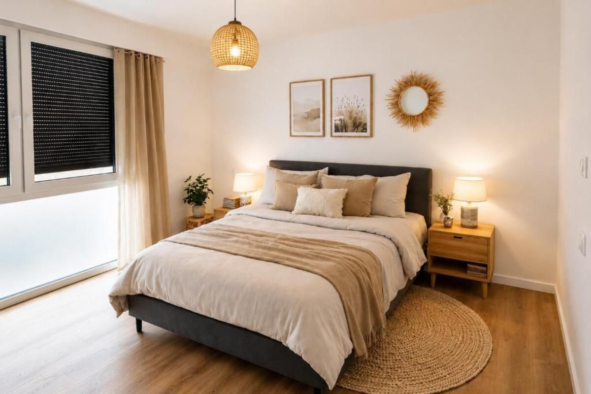 Ein Schlafzimmer mit einem Bett, Nachttischlampen, einem runden Teppich, einem Fenster mit Vorhängen und Wandbildern.