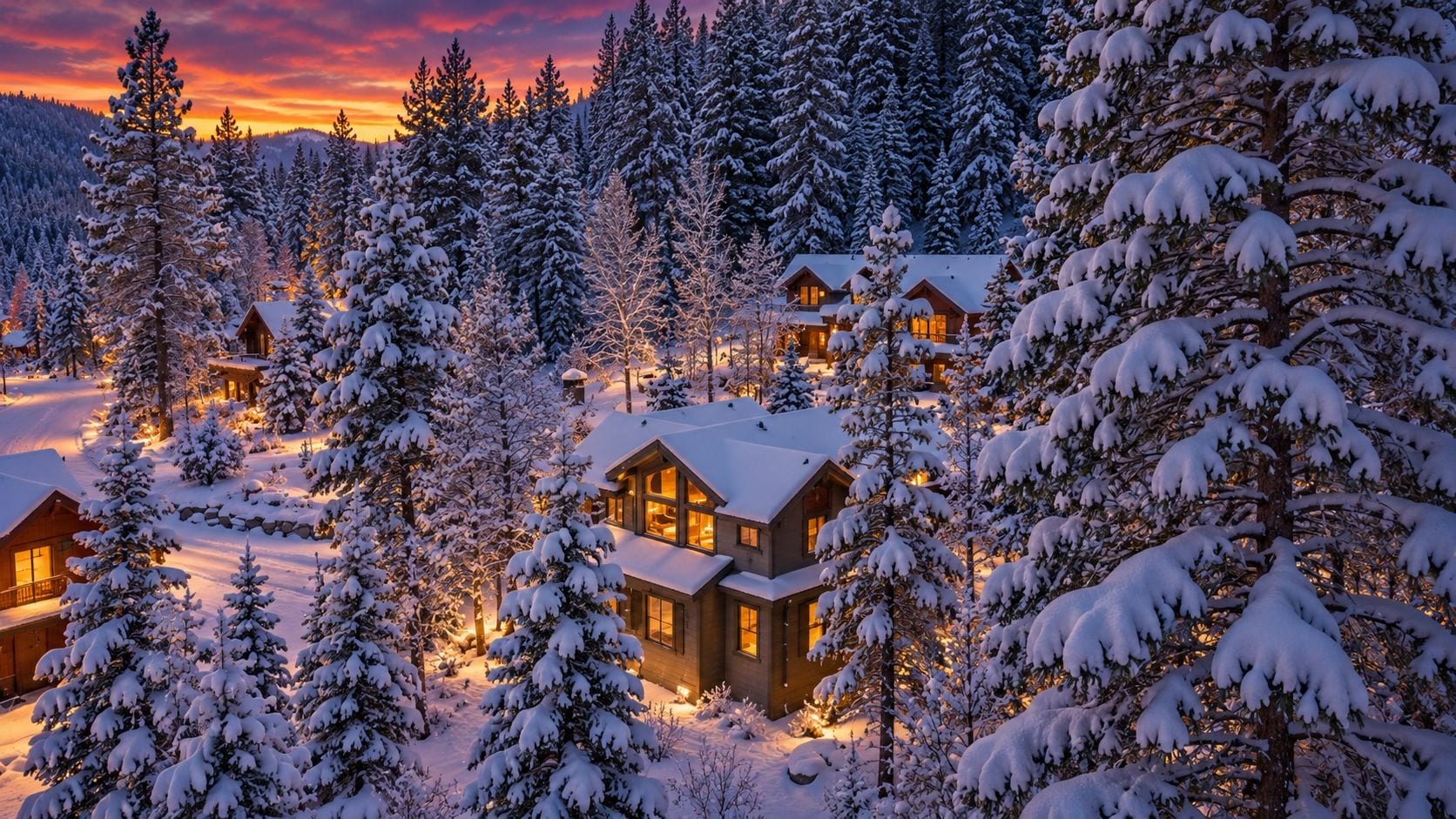 A snow-covered lodge with multiple cabins, surrounded by dense evergreen trees.
