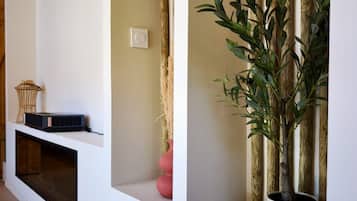 Interior moderno com estantes embutidas, um vaso de planta e um vaso decorativo.