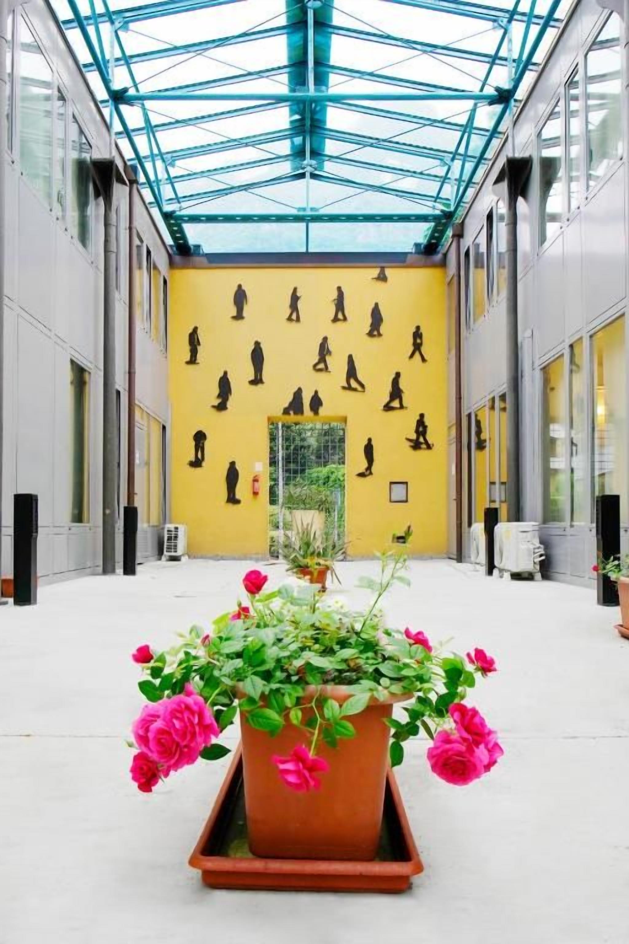 En korridor med gul væg, glasloft og en stor potteplante med lyserøde blomster.