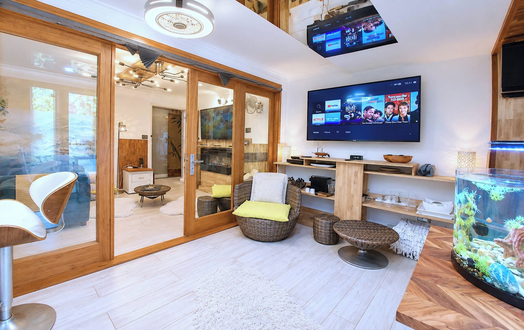 A modern living room with a flat-screen TV mounted on the wall, a large fish tank, and a sliding glass door leading to a dining area.