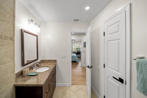 A bathroom with a granite countertop, a mirror, and a sink. - Heated Saltwater Pool, Pac-Man Arcade, 2 Putting Greens & Tampa Beach Getaway (Tampa)