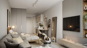 A modern living room with a sofa, a dining area, a TV mounted on the wall, and a fireplace. - Aspire, Waterfall City (Midrand)