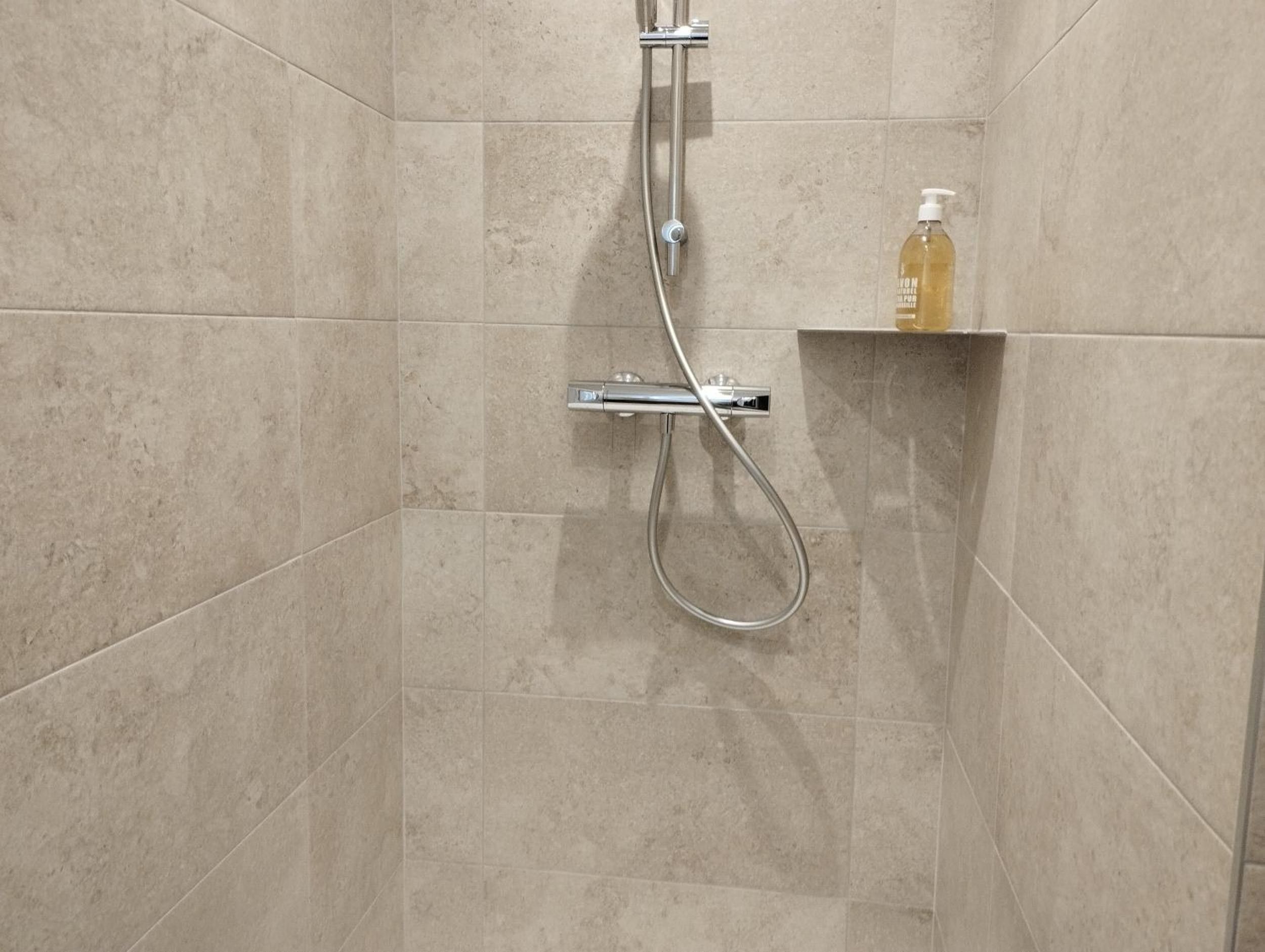A shower area with a handheld showerhead and a bottle of soap on a shelf.
