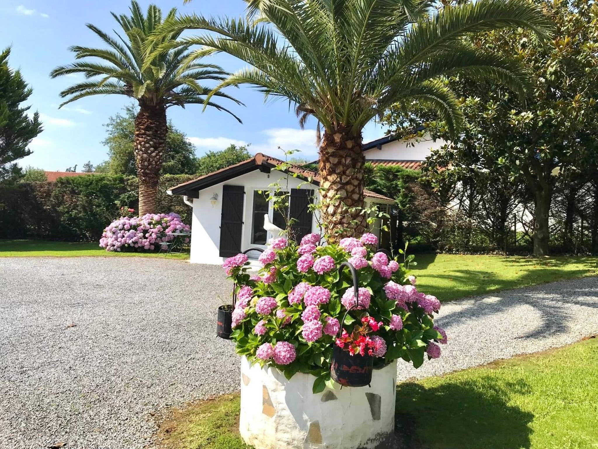 Une allée de gravier mène à un bâtiment blanc doté d’une porte noire, le tout étant entouré d’une végétation luxuriante et de plantes en fleurs.