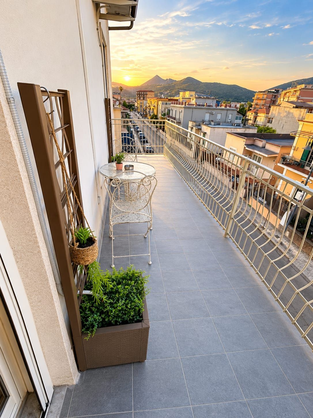 Ein Balkon mit Tisch und Stühlen, einem Blumentopf und Blick auf Stadt und Berge.