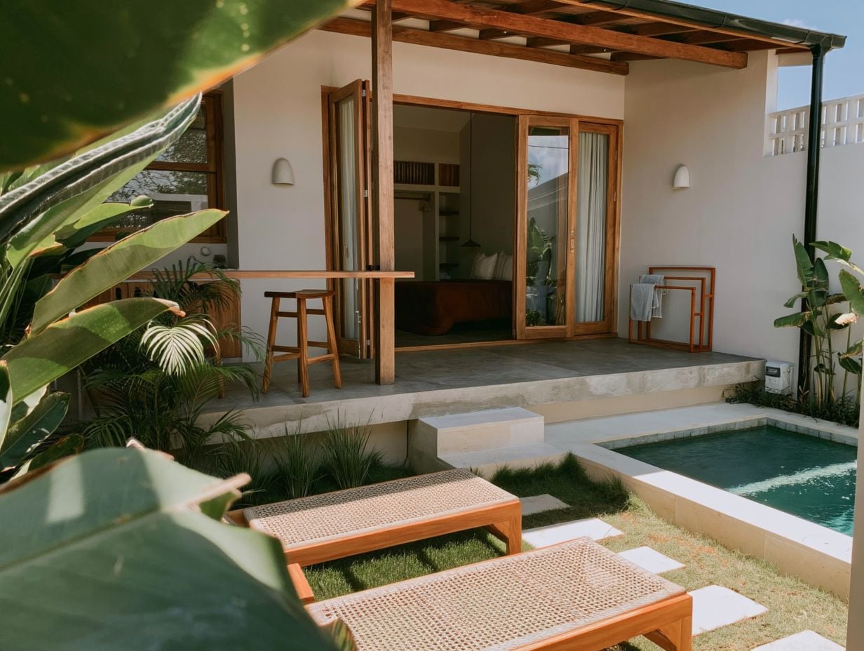 A modern outdoor patio with a pool, wooden furniture, and lush greenery.
