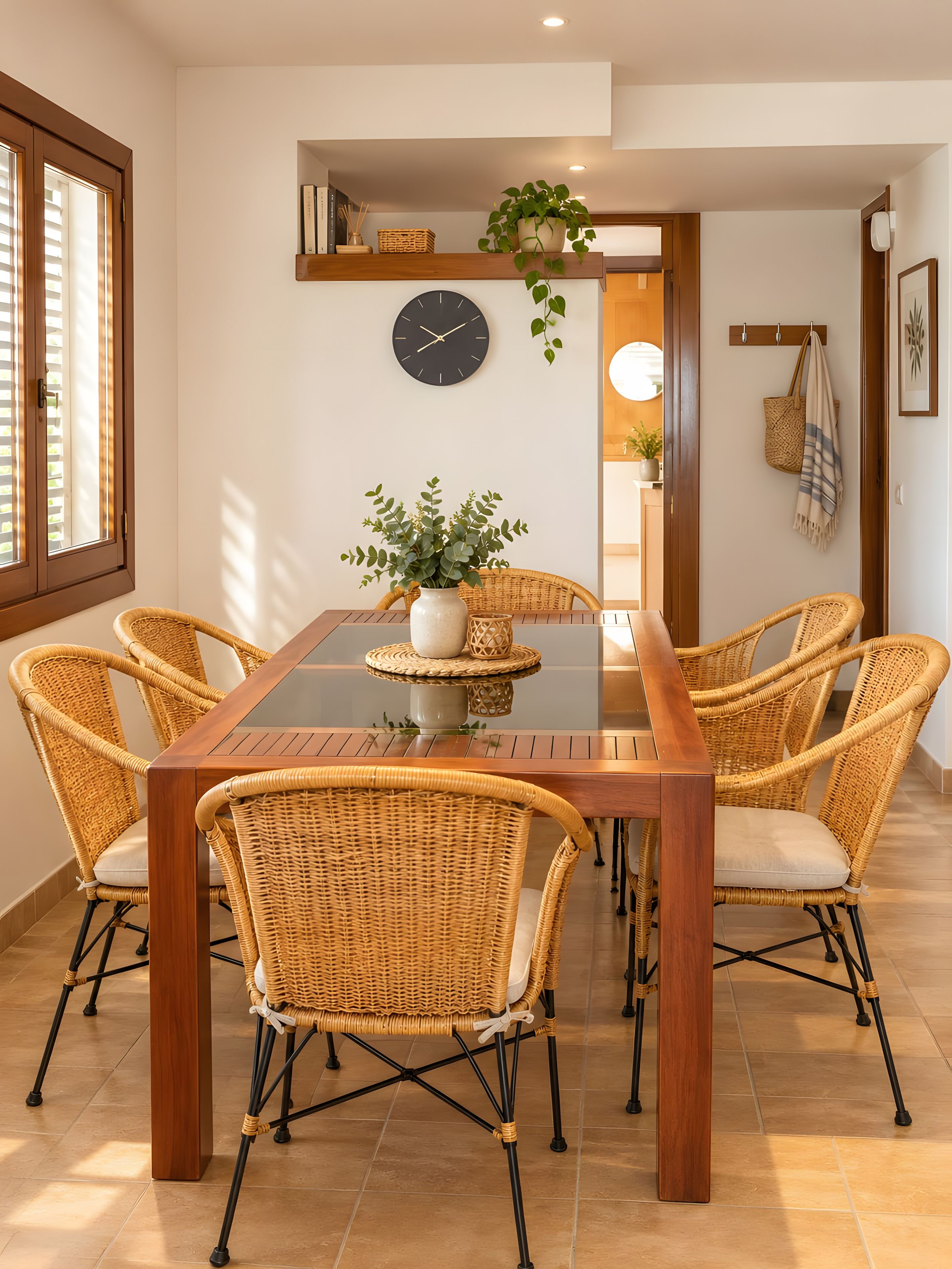Zona pranzo con tavolo in legno, sedie in vimini, un orologio a parete e una pianta in vaso.
