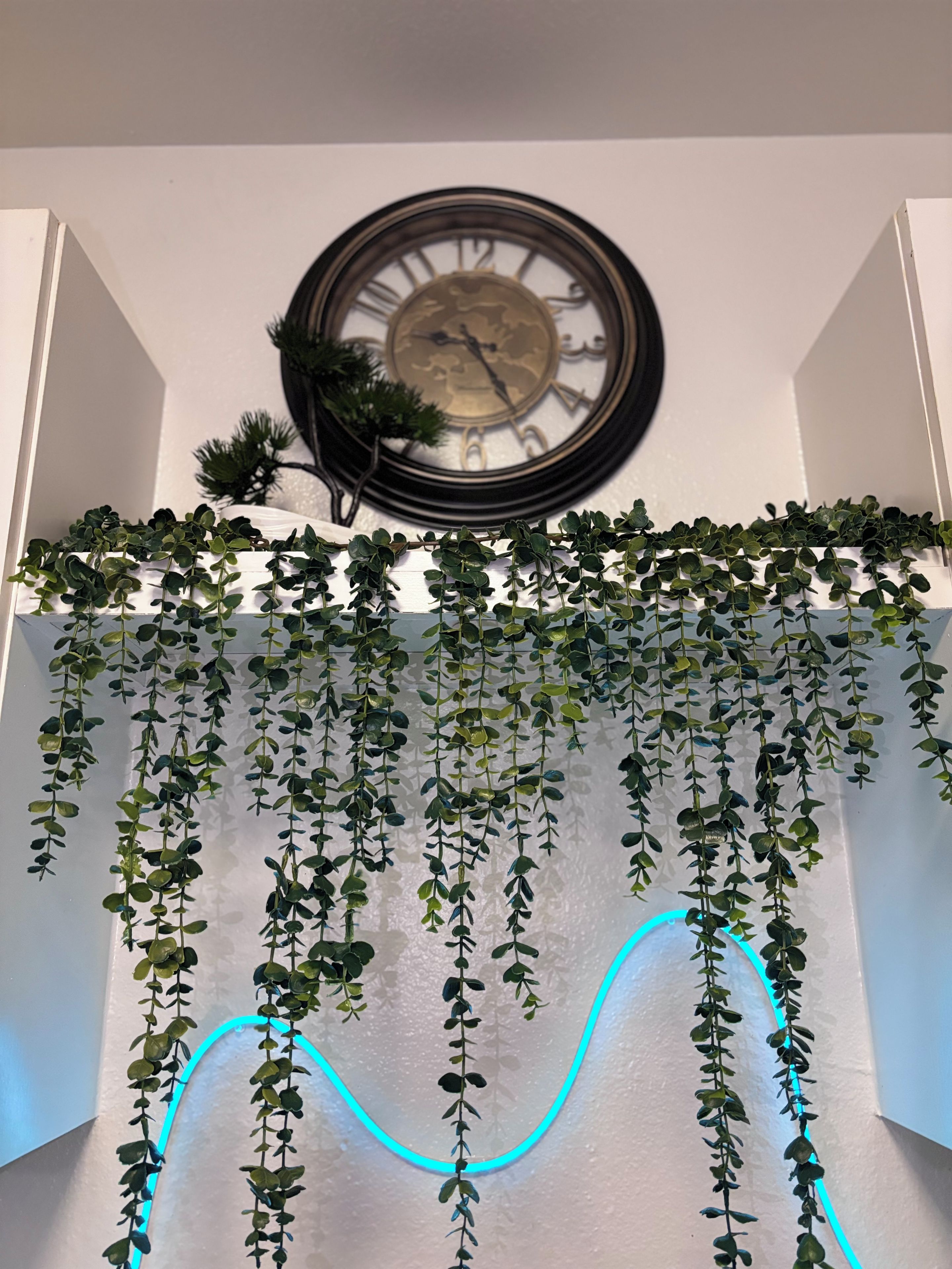 A wall-mounted clock with a Roman numeral dial, a small potted plant, and hanging green foliage against a white wall.