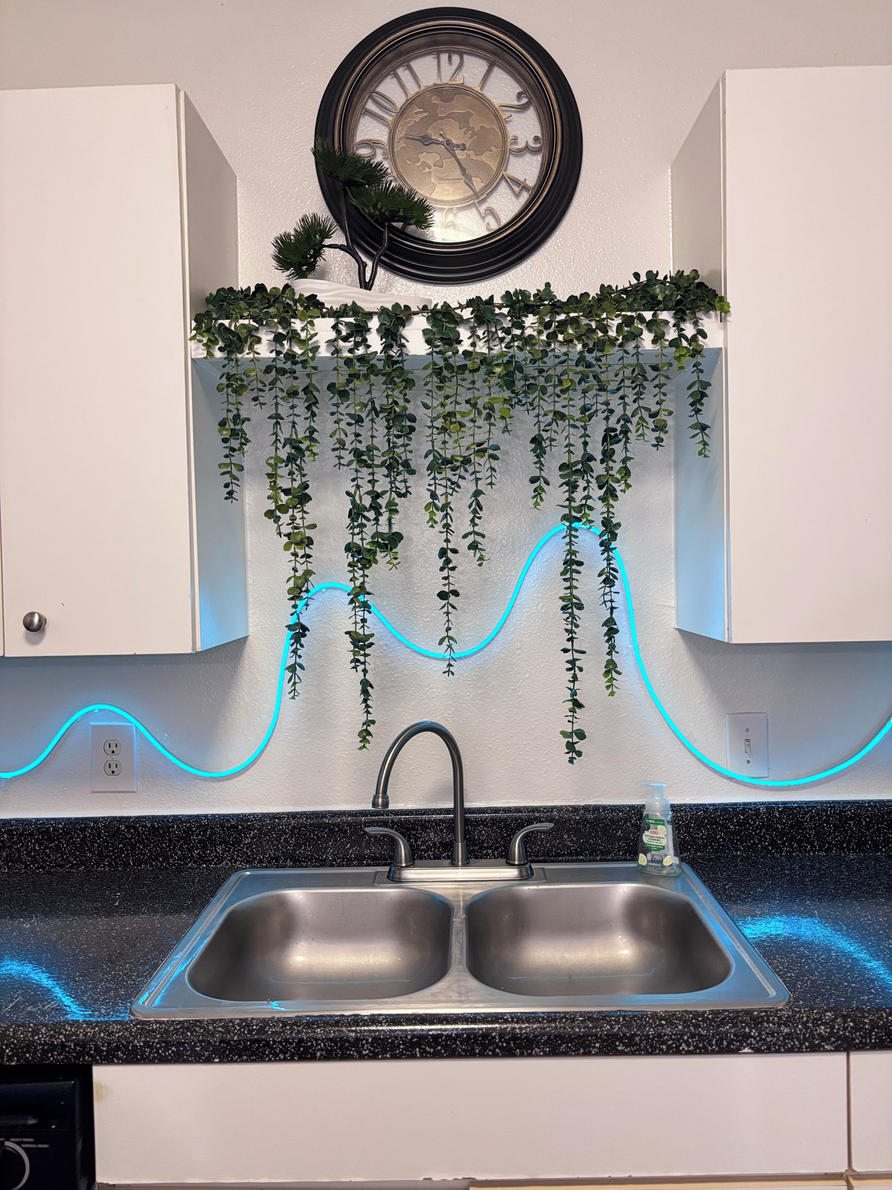 A kitchen with a double sink, a clock, and hanging plants.