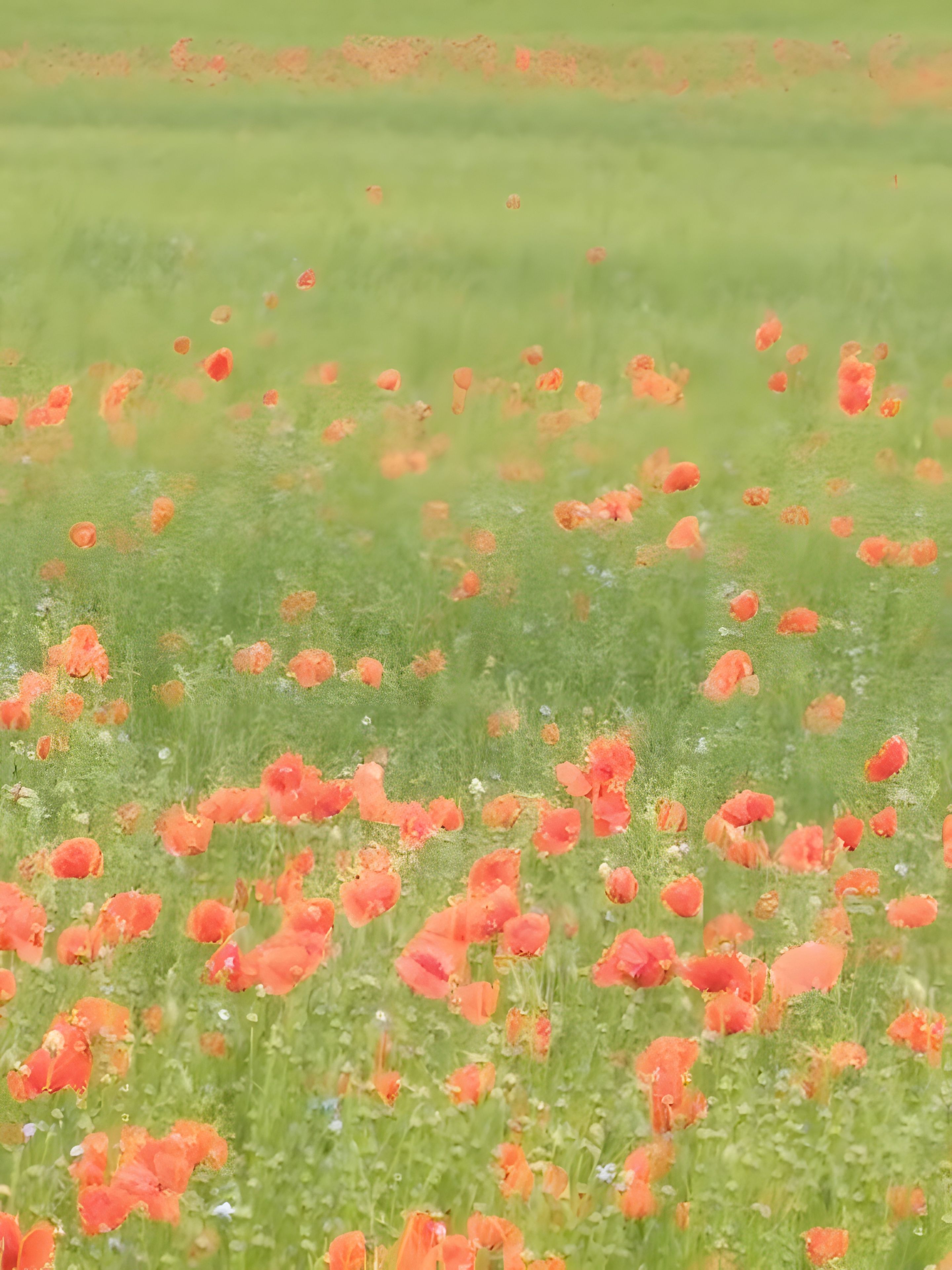 A field of red flowers with a green background.