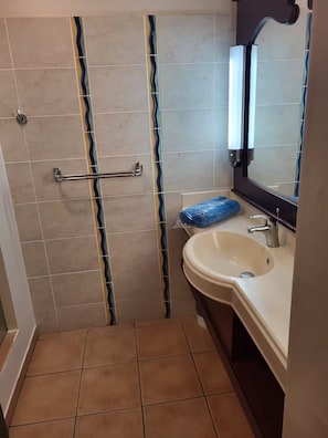 A bathroom with a shower, a sink, and a mirror. - New Listing (Sainte-Luce)