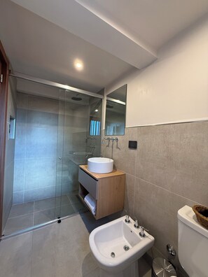 A modern bathroom with a glass-enclosed shower, a pedestal sink, and a toilet. - Pine (San Carlos de Bariloche)