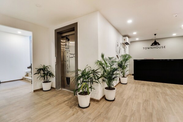 Zona de recepción con diseño moderno, que incluye un mostrador de recepción, una escalera y varias plantas en macetas.