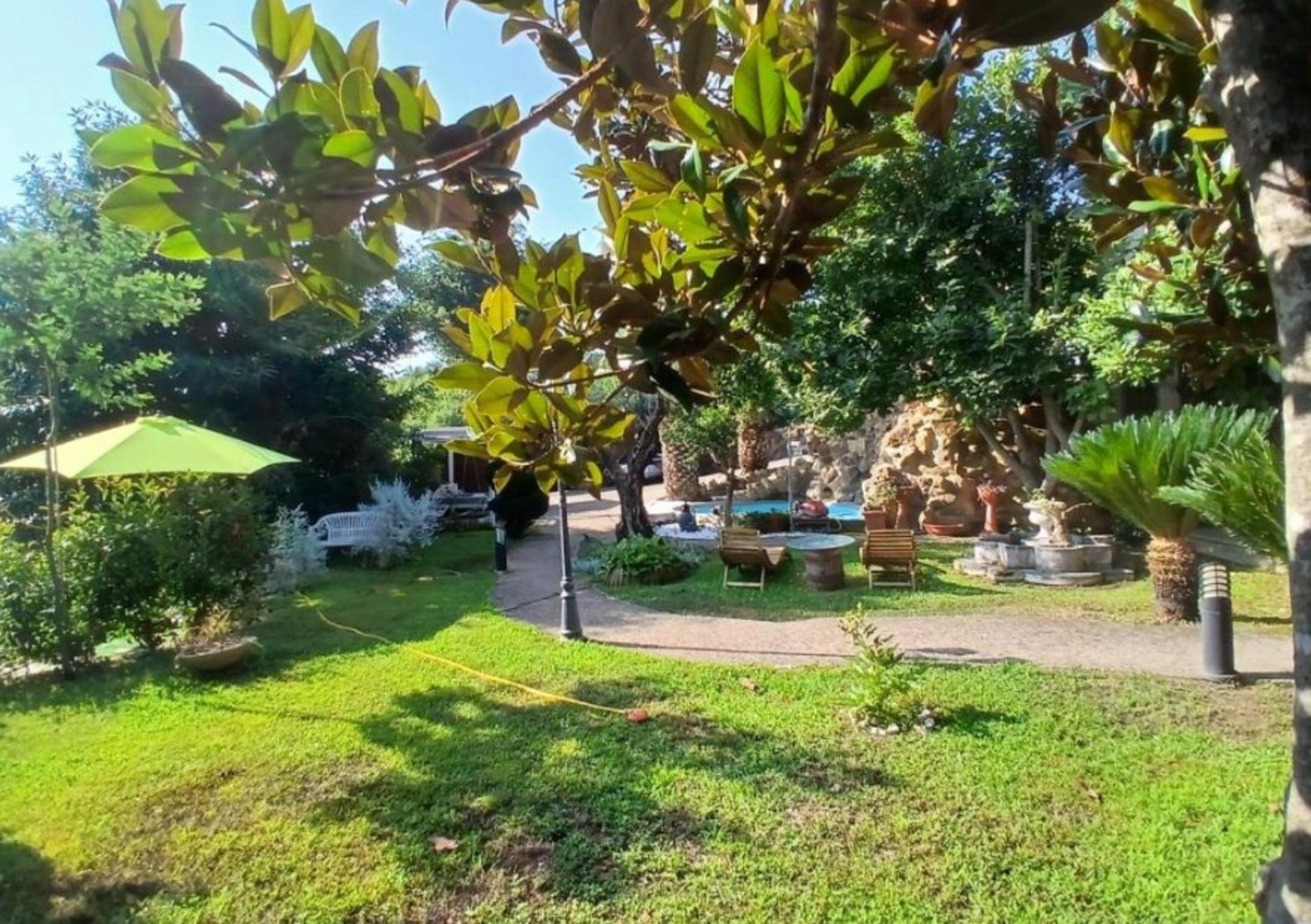 Un jardín con un sendero, bancos y una pequeña fuente.