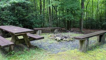 A forested campsite with picnic tables and a fire pit.