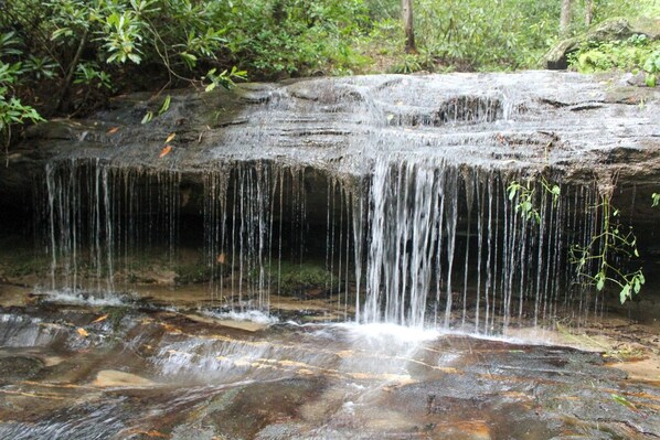 A natural waterfall cascading over a rocky surface with surrounding vegetation. - Wolf Creek - Hot Tub/No Pets (Purlear)