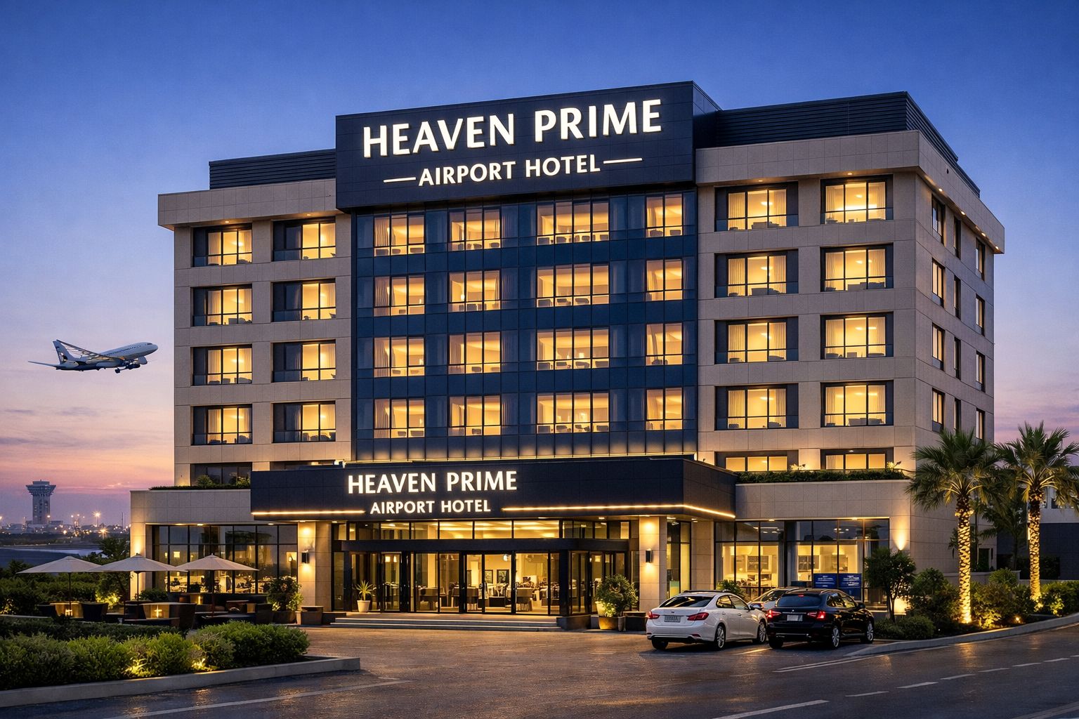 A multi-story hotel with a prominent sign reading 'HEAVEN PRIME AIRPORT HOTEL.'