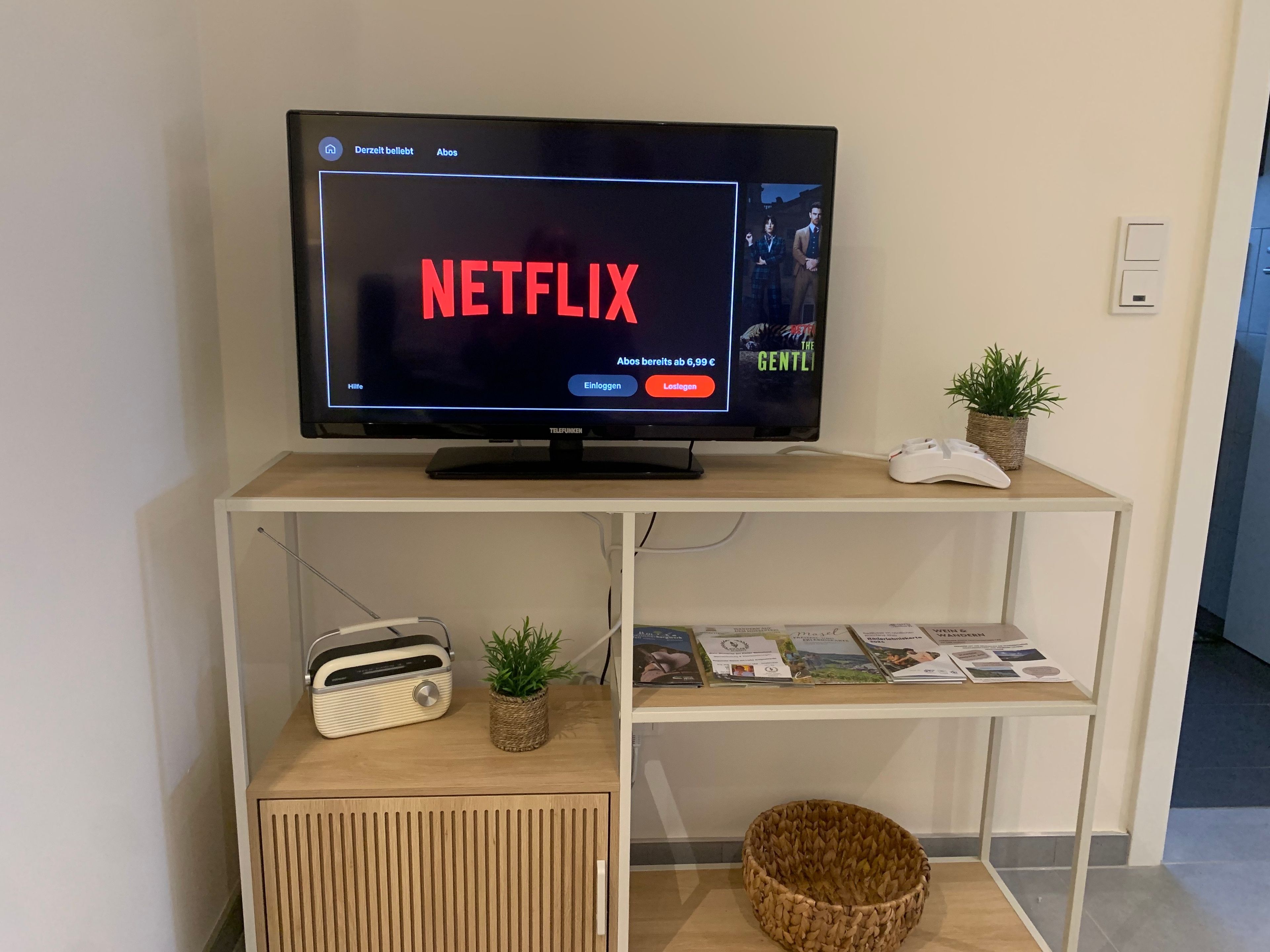 Un téléviseur posé sur un meuble en bois, affichant l’interface de Netflix.