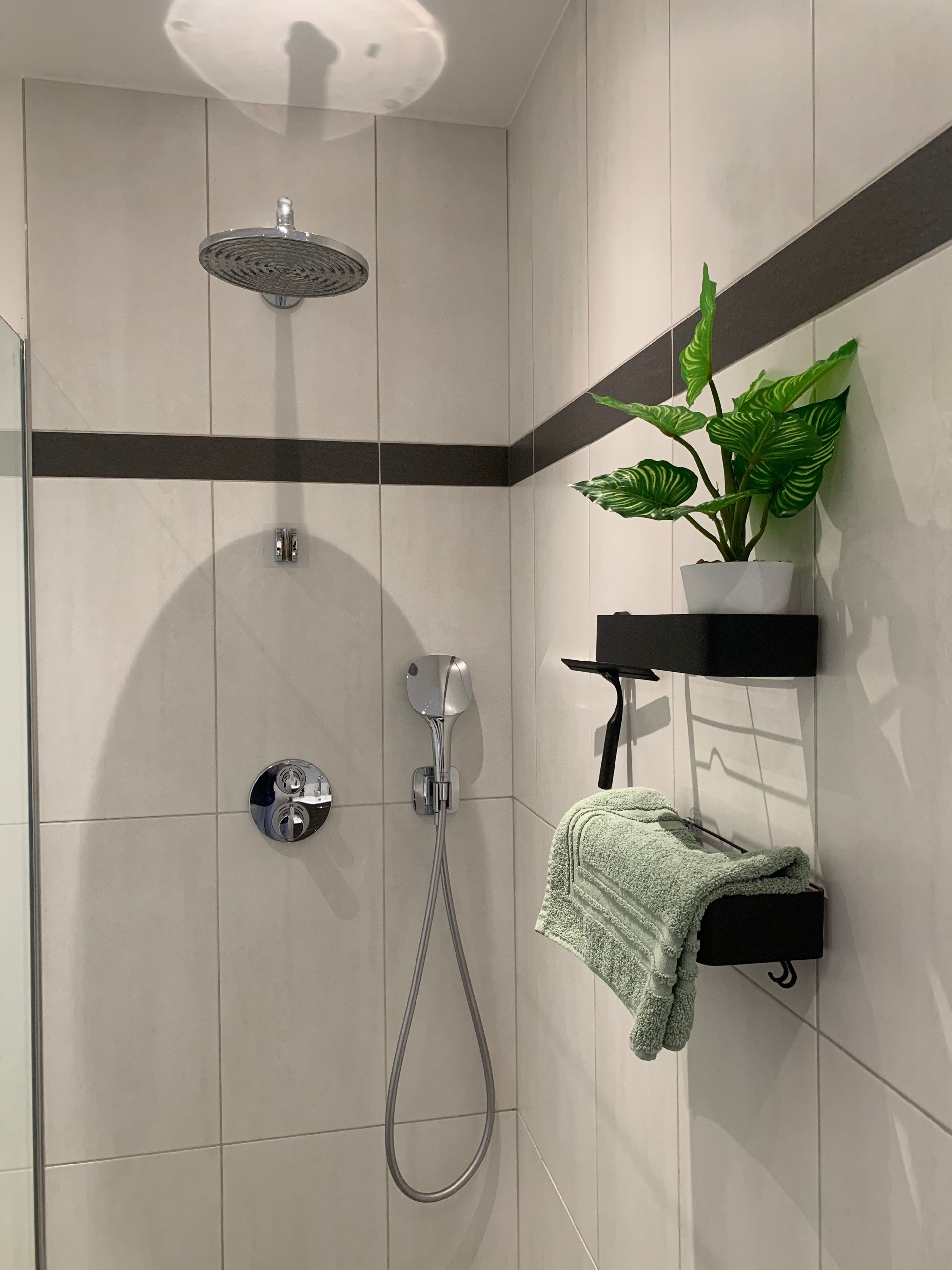Eine moderne Dusche mit Handbrause und am Wand montiertem Wasserhahn.
