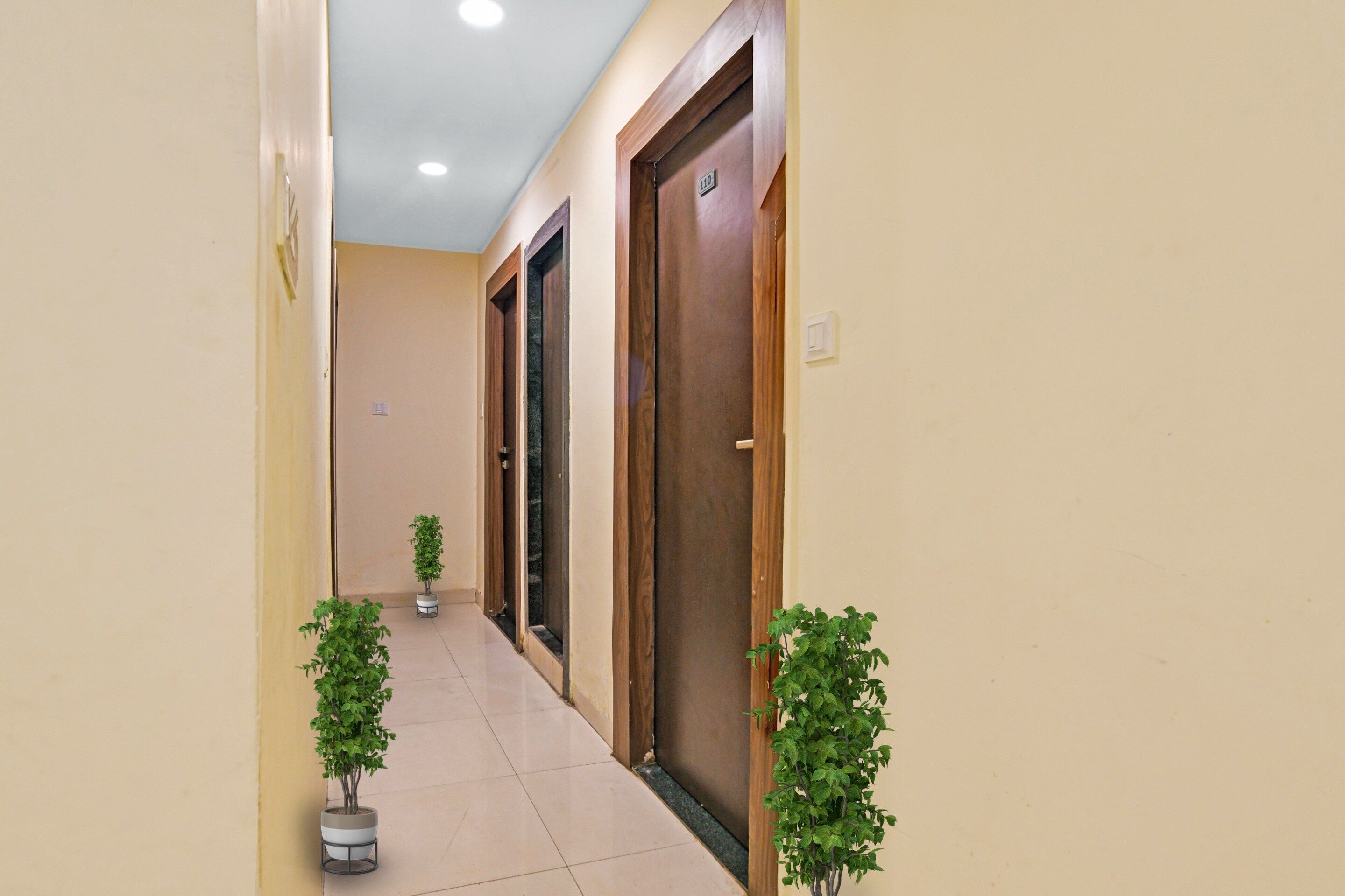 Un pasillo con puertas, plantas en macetas y piso de baldosas.