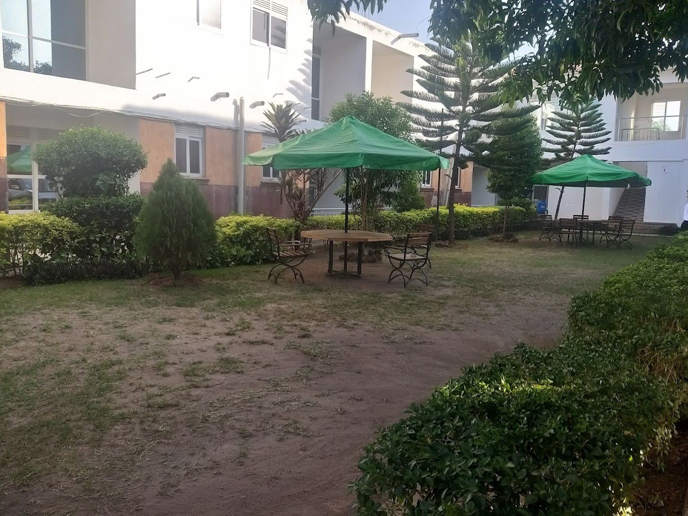 An outdoor seating area with tables and chairs under green umbrellas, surrounded by well-maintained hedges and a building in the background.