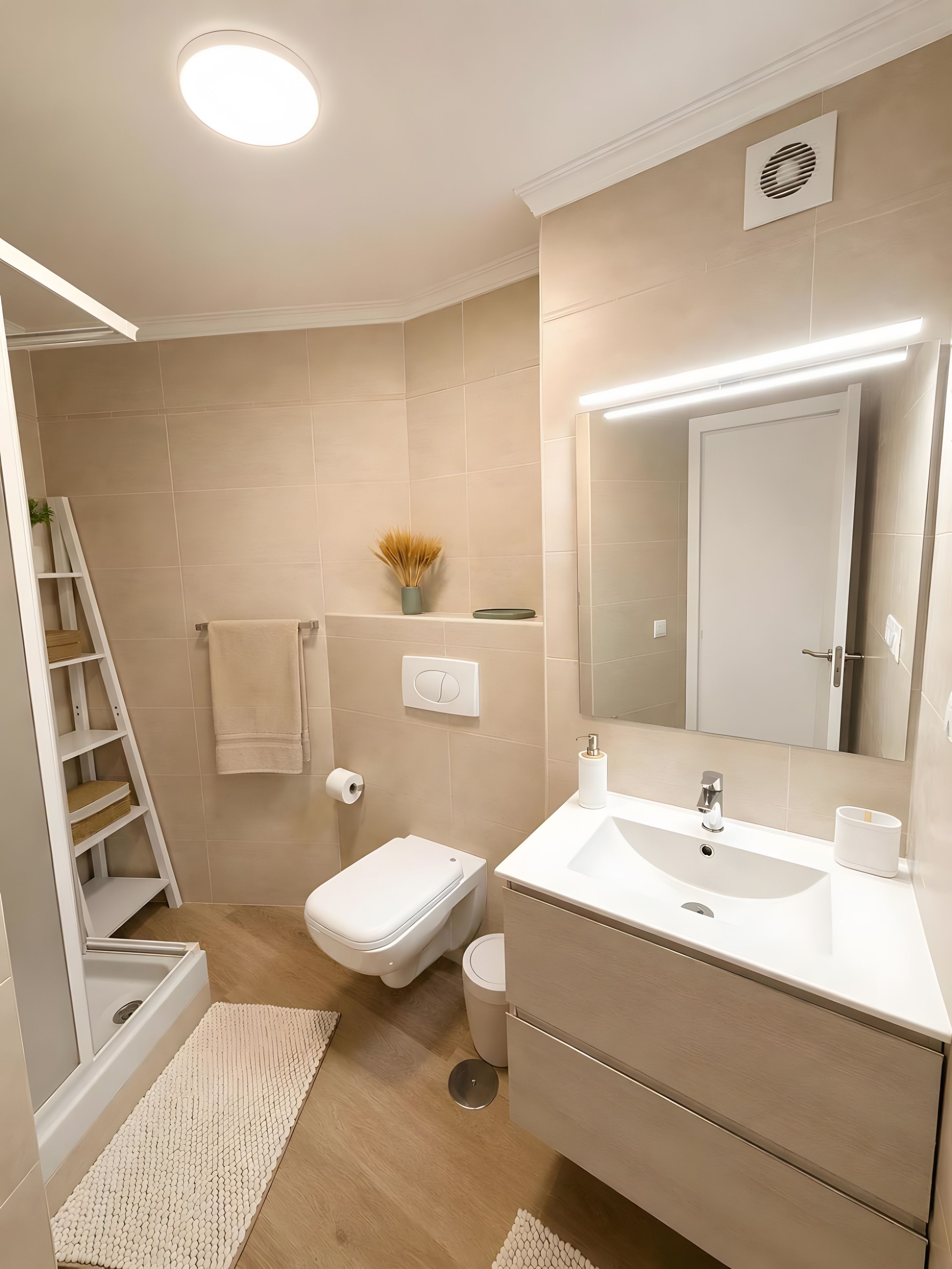 Een moderne badkamer met toilet, wastafel en douche.