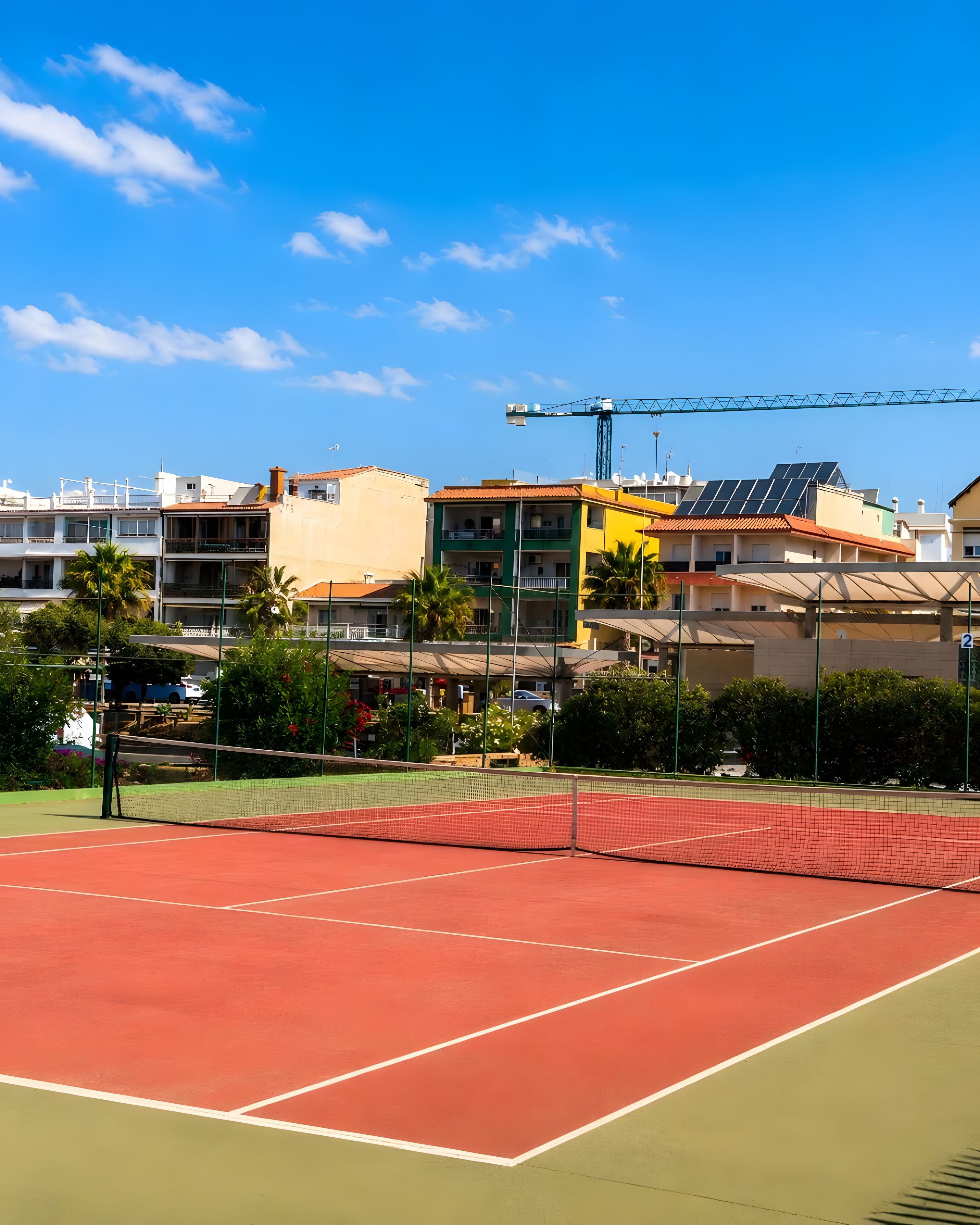 Un court de tennis à surface rouge, entouré d’immeubles dotés de balcons et de panneaux solaires.