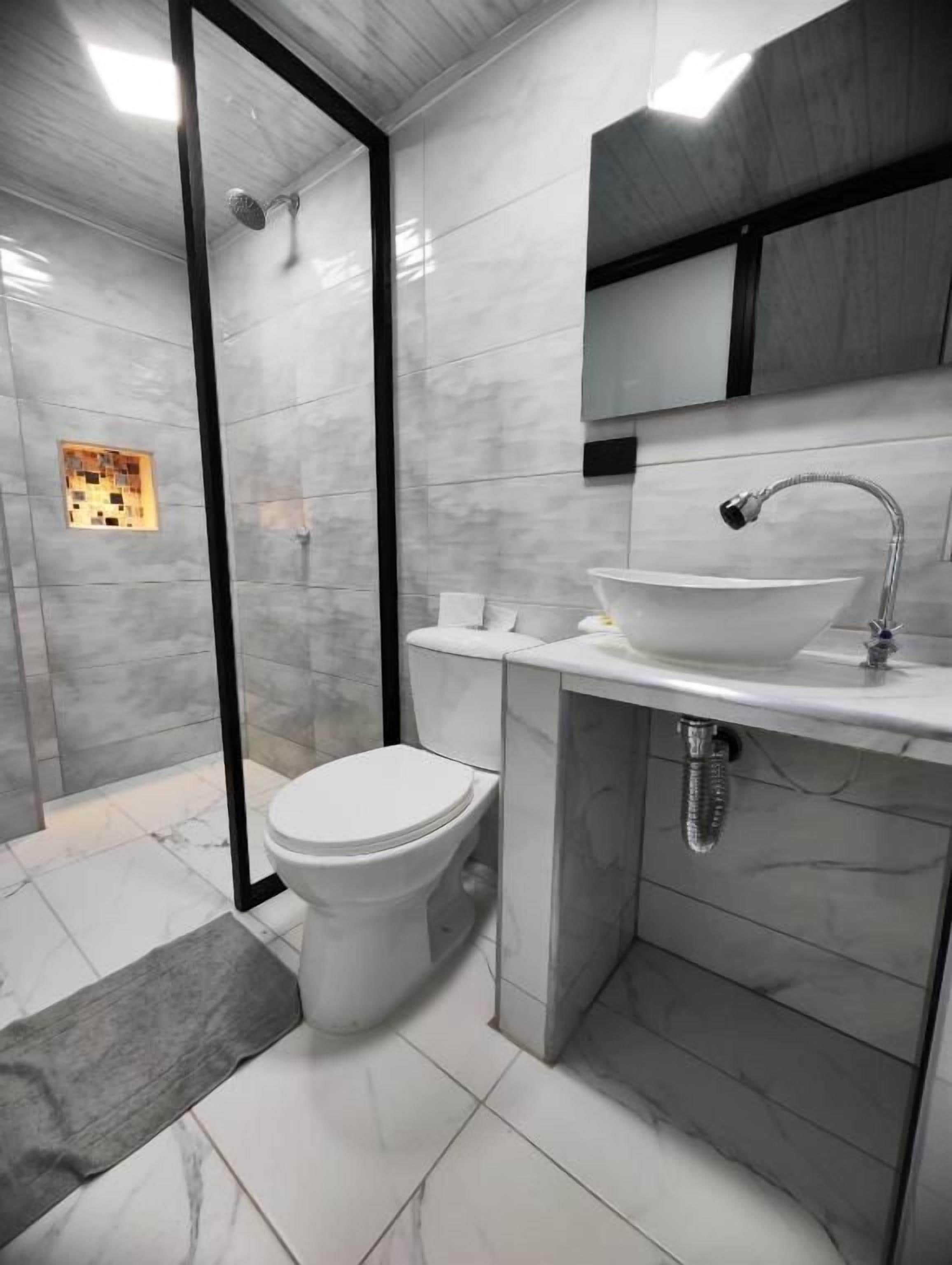 Un baño moderno con ducha envuelta en vidrio, inodoro y lavabo con espejo.