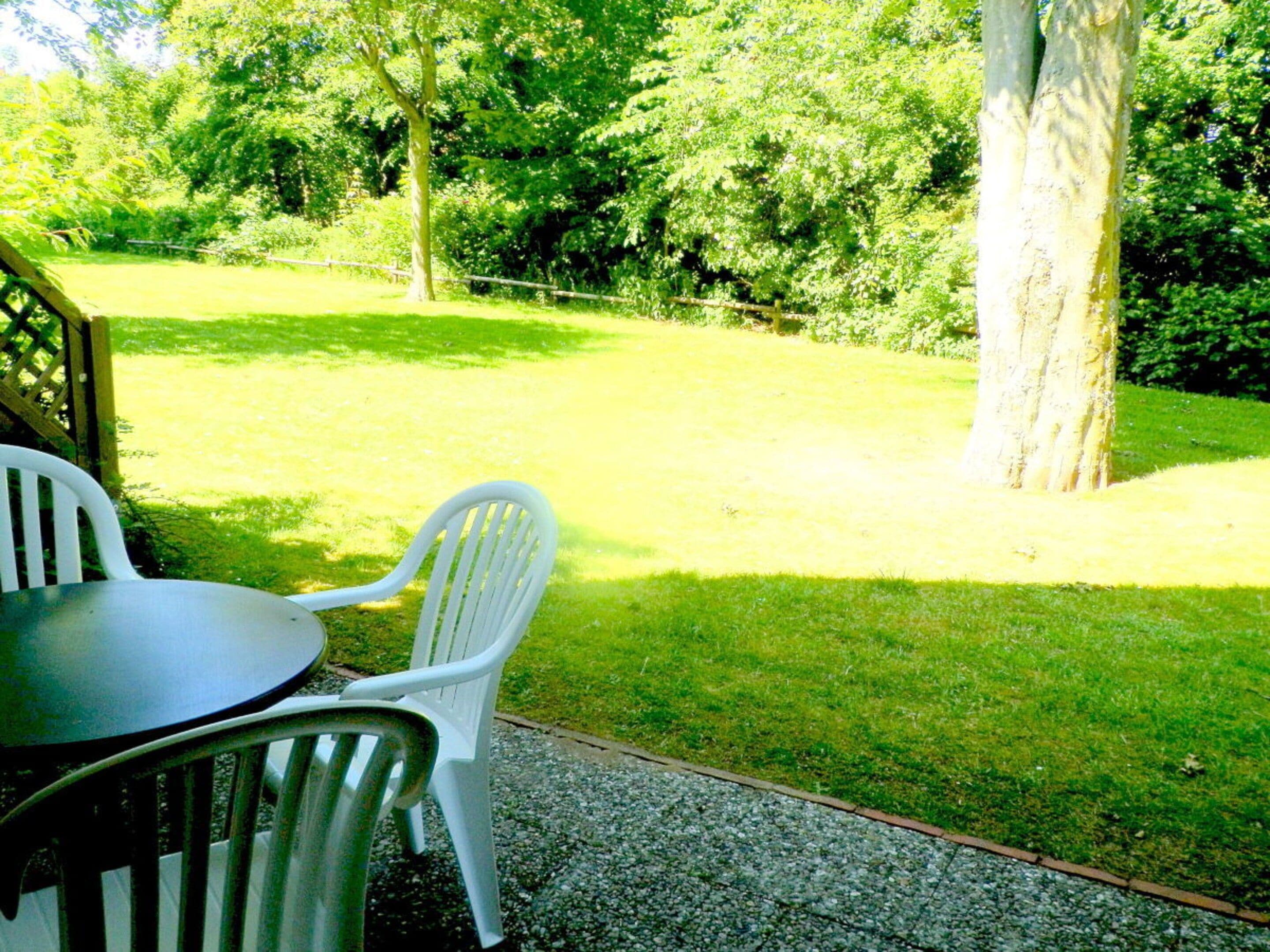 A patio area with a table and chairs, surrounded by a grassy lawn and trees.