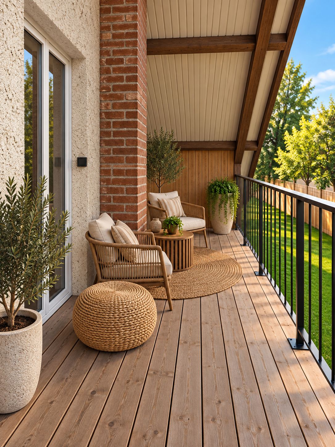 A wooden deck with outdoor furniture, a potted plant, and a view of a green lawn.