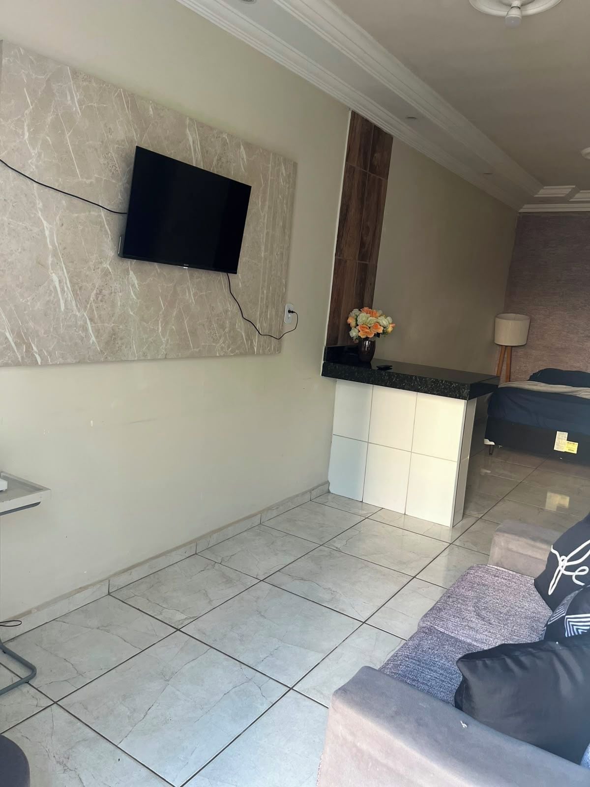 A modern living room with a flat-screen TV mounted on a marble wall, a small kitchen area with a wooden backsplash, and a sofa with decorative pillows.