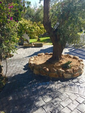 A landscaped area with a tree surrounded by a stone border, a paved walkway, and various plants. - Villa 'Miramar Burriana Nerja' with Sea View, Wi-Fi and Air Conditioning (Nerja)