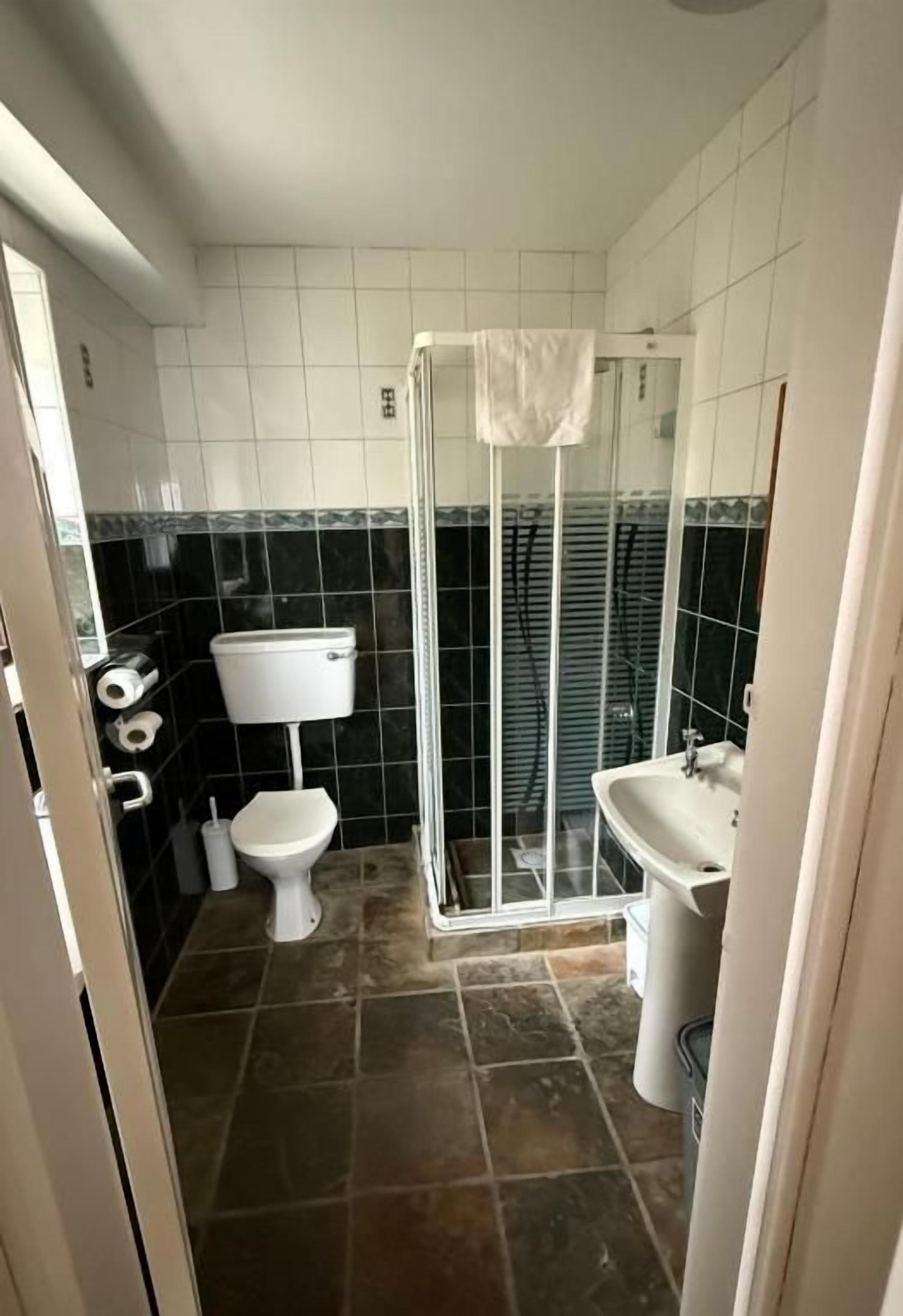 A bathroom with a toilet, sink, and shower enclosure.